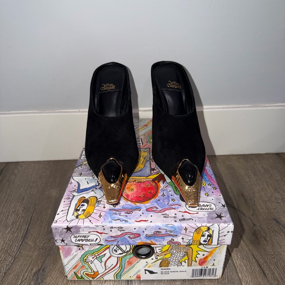 Jeffrey Campbell Black Suede Pointed Mules with Gold Tip Accent- Naiad